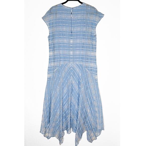 Lewit Womens Sheer Handkerchief Hem Plaid Crew Neck Midi Dress Light Blue Silver - Picture 4 of 12